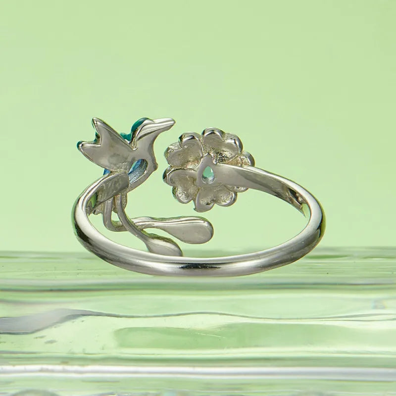 Bague Ajustable Oiseau et Fleur en Argent 925