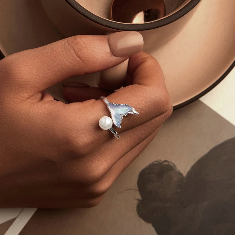 Bague Queue de Poisson et Perle Coquillage en Argent 925