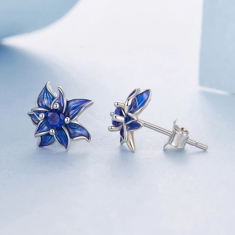 Boucles d'Oreilles Puces Lotus Bleu en Argent 925