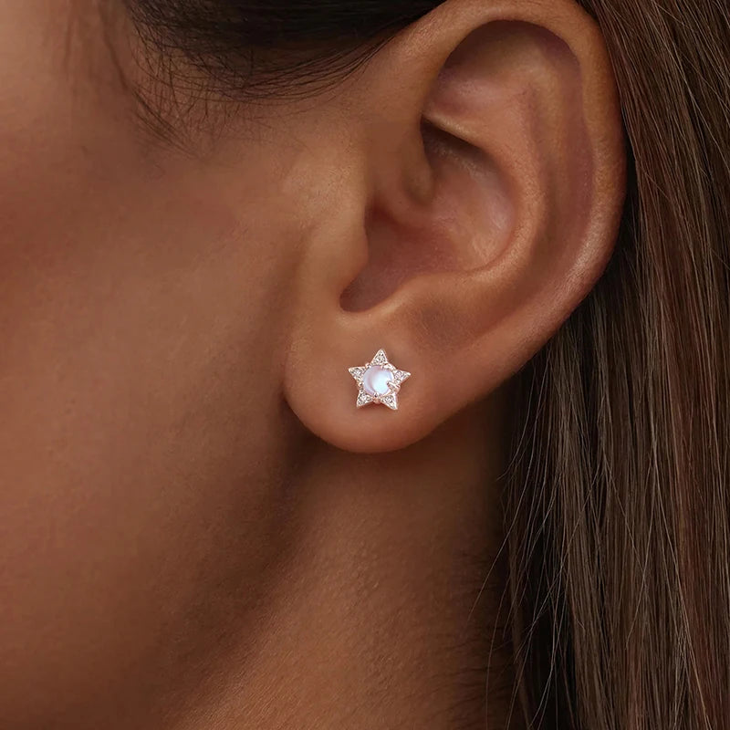 Boucles d'Oreilles Puces Étoile et Lune Irisées en Argent 925