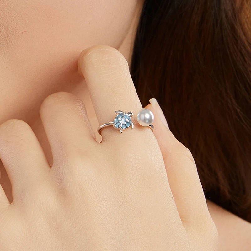 Bague Ajustable Tortue de Mer et Perle Coquillage en Argent 925