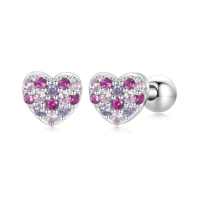 Boucles d'Oreilles Puces Cœur Coloré en Argent 925