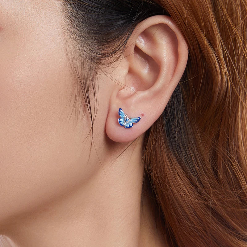 Boucles d'Oreilles Puces Papillon Bleu en Argent 925
