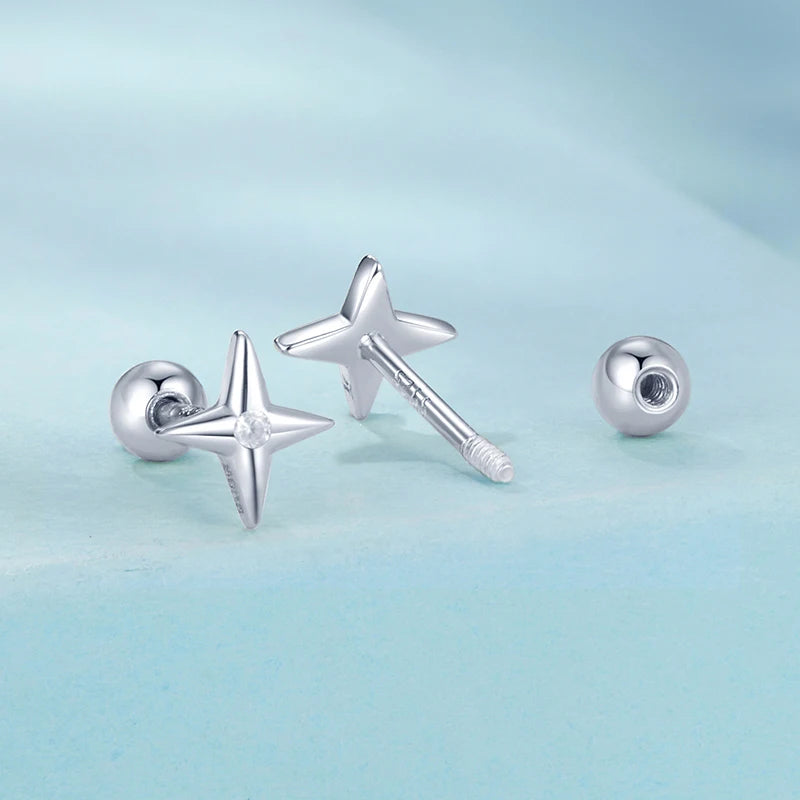 Boucles d'Oreilles Puces Traversantes Étoile en Argent 925
