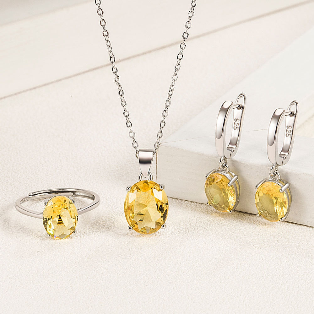 Parure de Bijoux Argent Sterling 925 plaqué or blanc avec collier, boucles d’oreilles et bague ajustable avec zircons jaunes - Photo 2