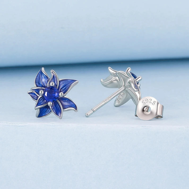 Boucles d'Oreilles Puces Lotus Bleu en Argent 925