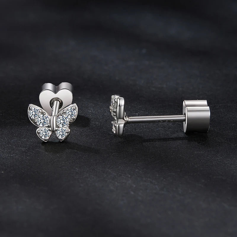 Boucles d'Oreilles Puces Papillon Moissanite en Argent 925 avec Certificat