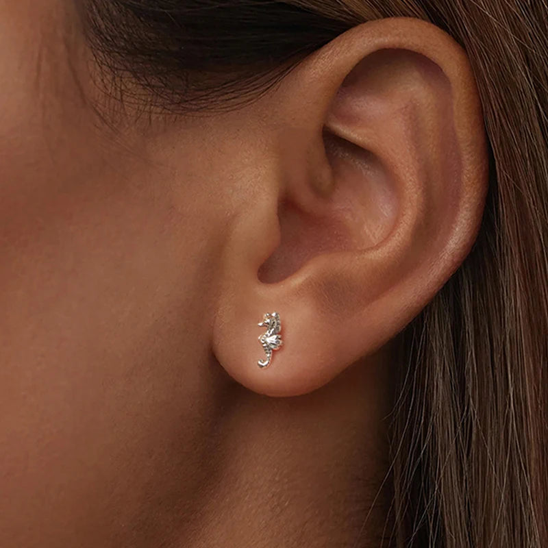 Boucles d'Oreilles Puces Hippocampe en Argent 925