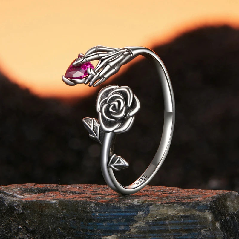 Bague Main Squelette et Rose en Argent 925