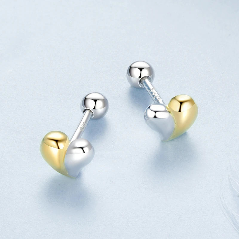 Boucles d'Oreilles Puces Traversantes Cœur Bicolore en Argent 925