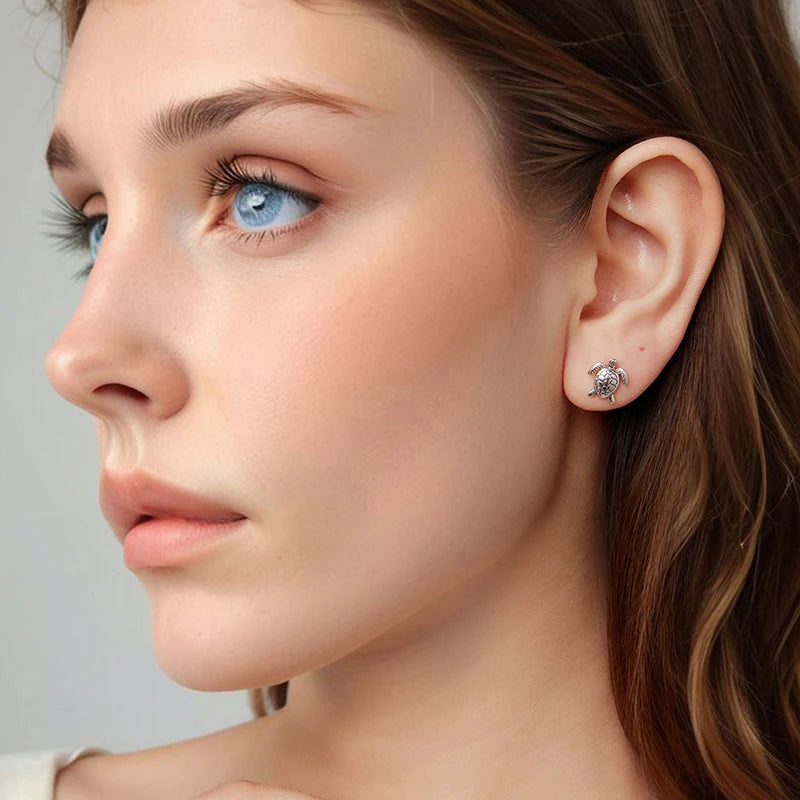 Boucles d'Oreilles Puces Tortue de Mer en Argent 925