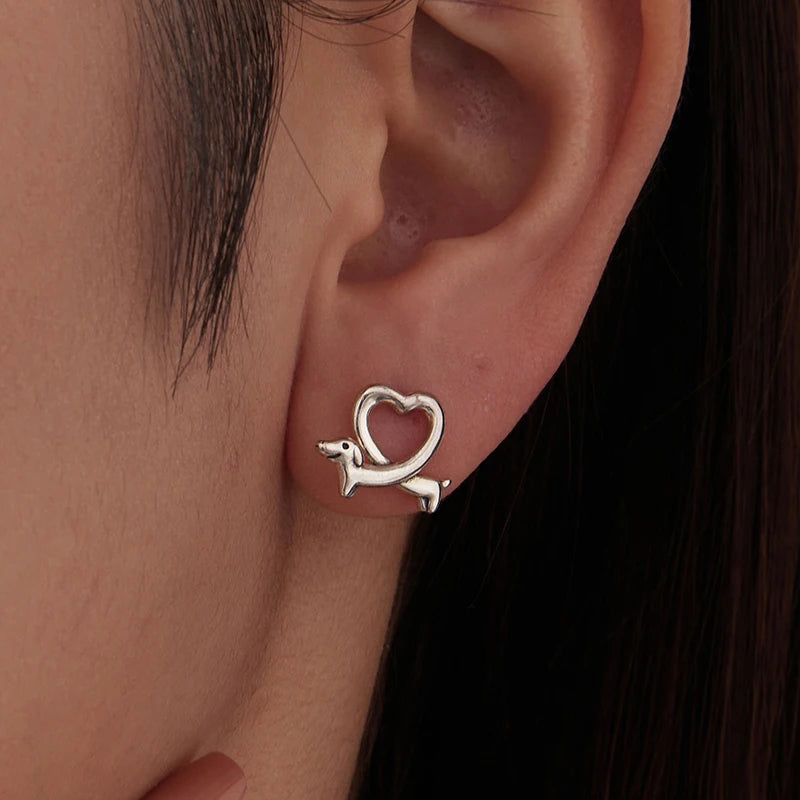 Boucles d'Oreilles Puces Chien Teckel en Argent 925