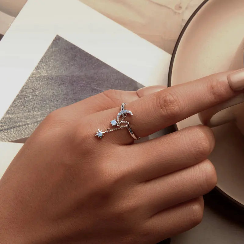 Bague Chaîne Étoile et Lune en Argent 925