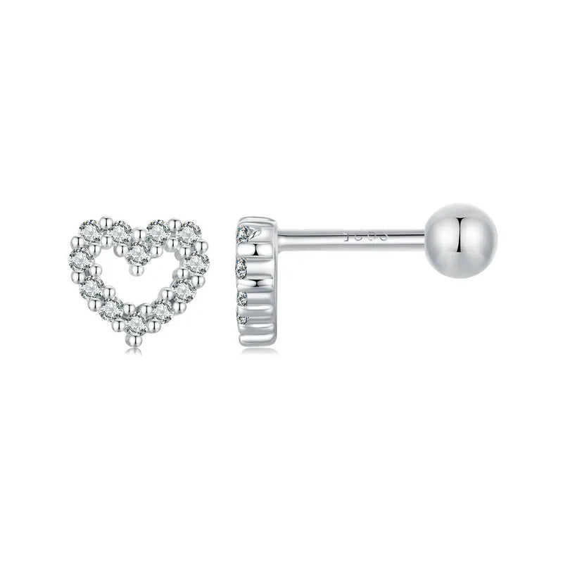 Boucles d'Oreilles Puces Traversantes Cœur et Boule en Argent 925