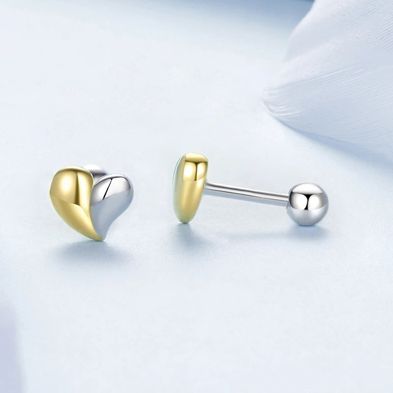 Boucles d'Oreilles Puces Traversantes Cœur Bicolore en Argent 925