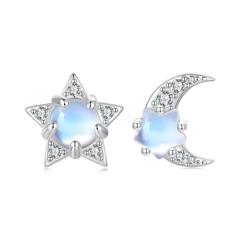 Boucles d'Oreilles Puces Étoile et Lune Irisées en Argent 925