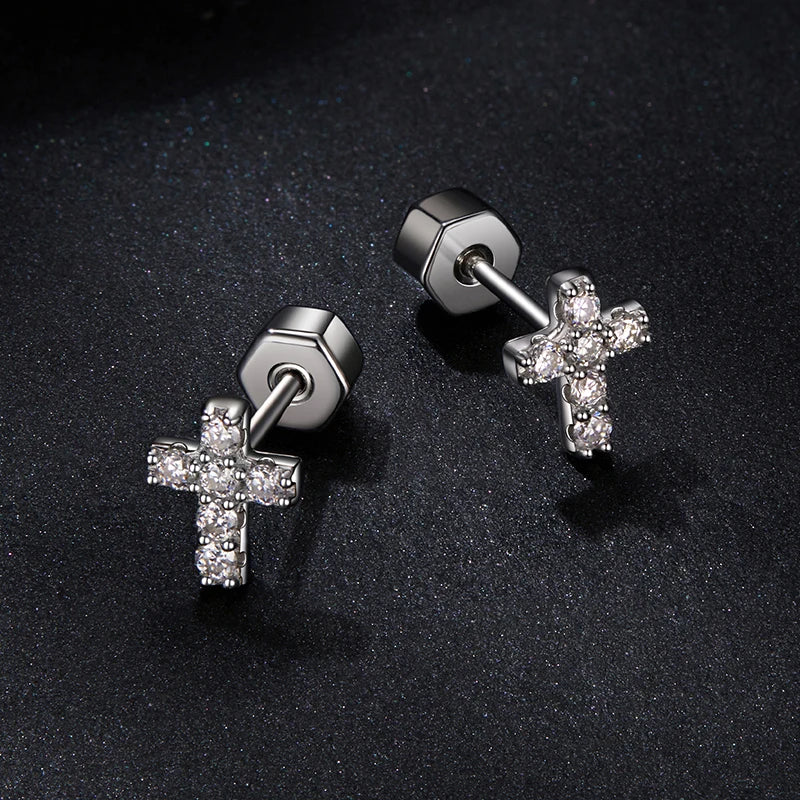Boucles d'Oreilles Puces Croix en Argent 925 avec Certificat