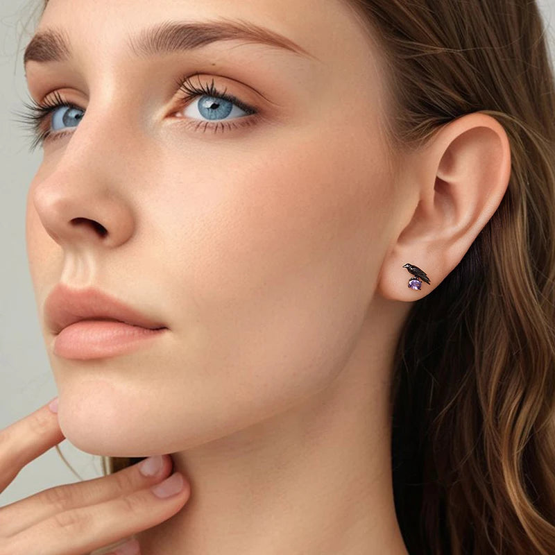 Boucles d'Oreilles Puces Corbeau en Argent 925