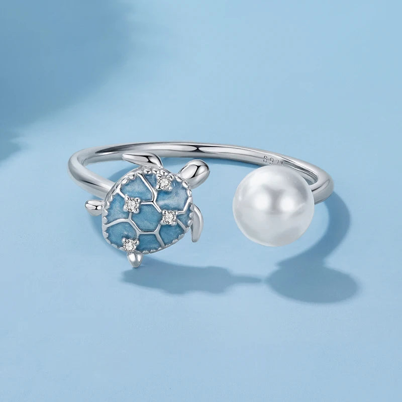 Bague Ajustable Tortue de Mer et Perle Coquillage en Argent 925