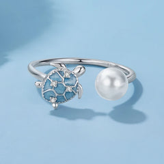 Bague Ajustable Tortue de Mer et Perle Coquillage en Argent 925