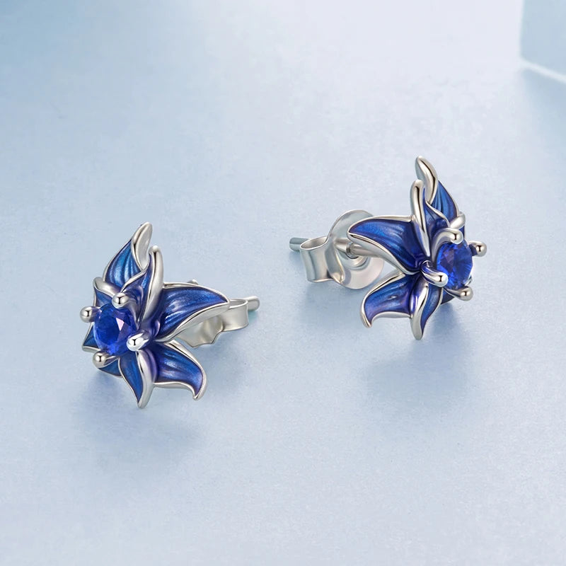 Boucles d'Oreilles Puces Lotus Bleu en Argent 925
