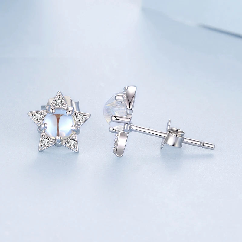 Boucles d'Oreilles Puces Étoile et Lune Irisées en Argent 925