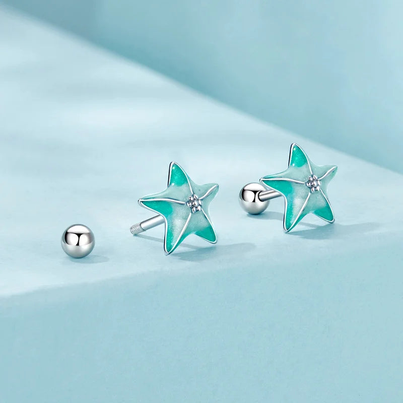 Boucles d'Oreilles Puces Traversantes Étoile de Mer Bleu-Vert en Argent 925