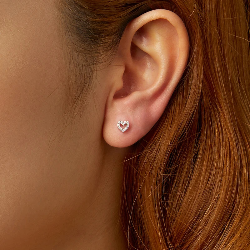 Boucles d'Oreilles Puces Traversantes Cœur et Boule en Argent 925