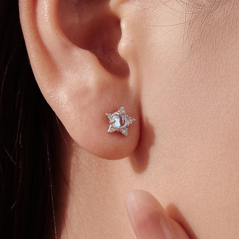 Boucles d'Oreilles Puces Étoile et Lune Irisées en Argent 925