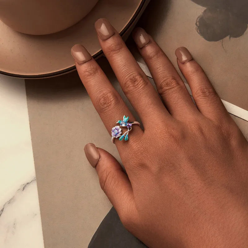 Bague Ajustable Oiseau et Fleur en Argent 925
