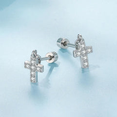 Boucles d'Oreilles Puces Traversantes Croix en Argent 925