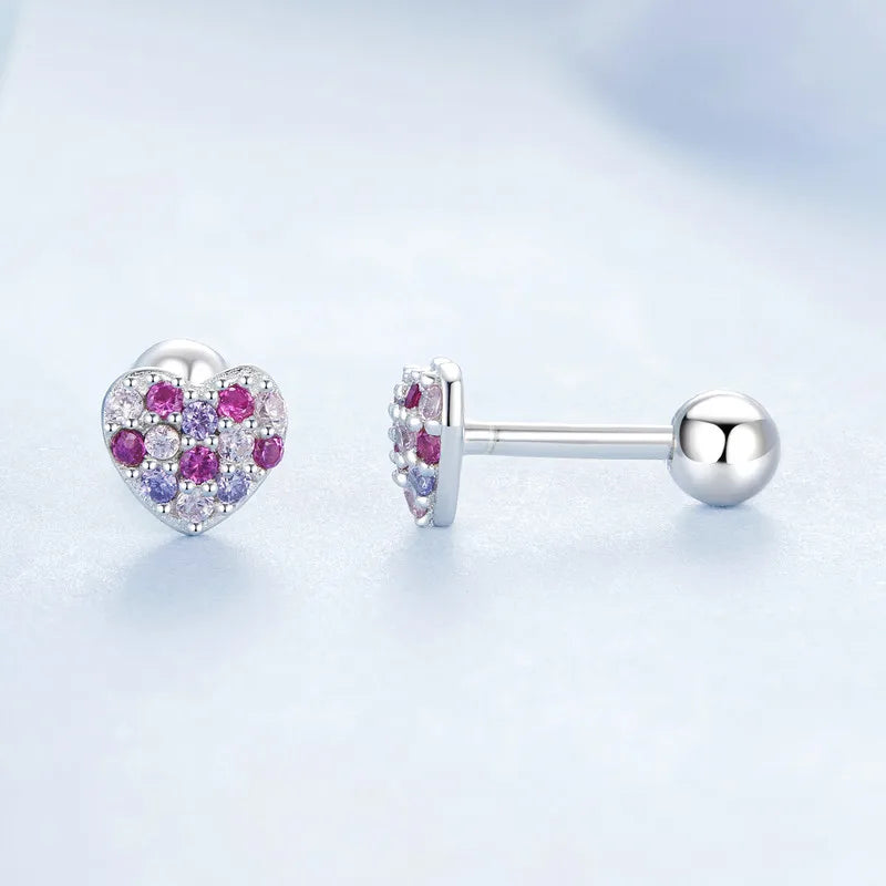 Boucles d'Oreilles Puces Cœur Coloré en Argent 925