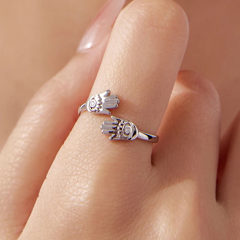 Bague Ajustable Main de Fatma Protectrice en Argent 925