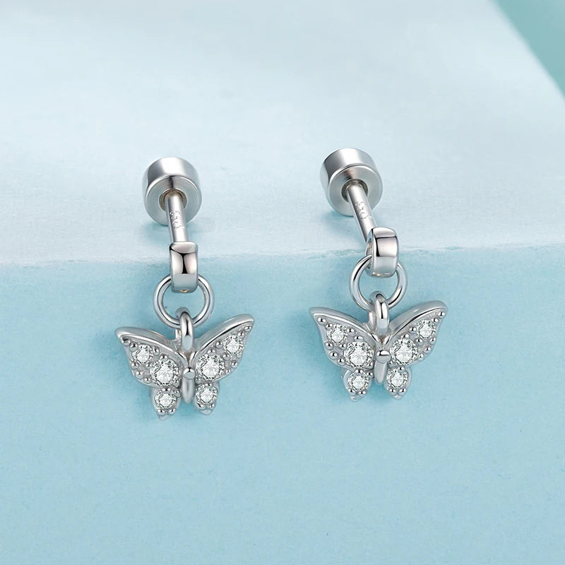 Boucles d'Oreilles Puces Traversantes Papillon en Argent 925
