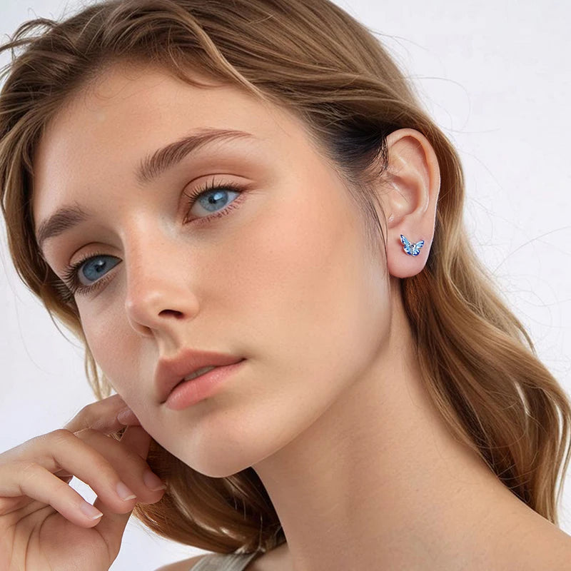 Boucles d'Oreilles Puces Papillon Bleu en Argent 925
