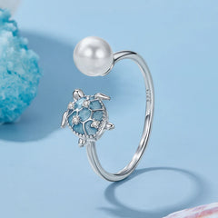 Bague Ajustable Tortue de Mer et Perle Coquillage en Argent 925