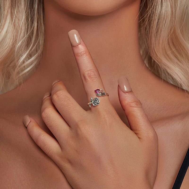 Bague Main Squelette et Rose en Argent 925