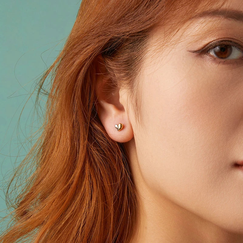 Boucles d'Oreilles Puces Traversantes Cœur Bicolore en Argent 925