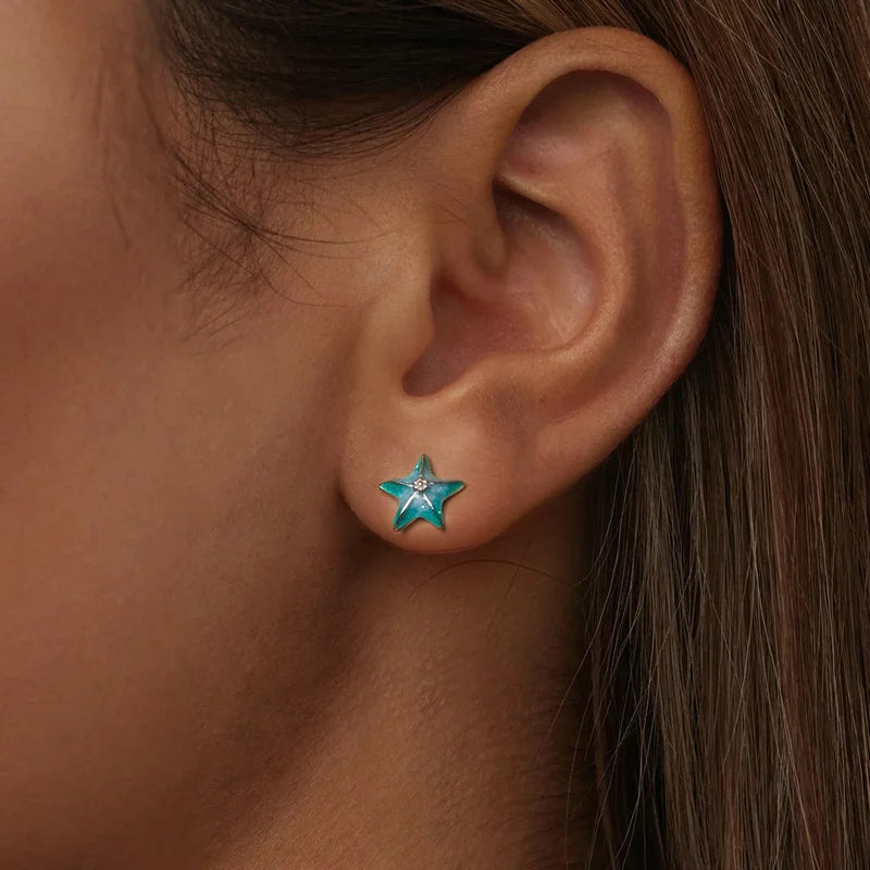 Boucles d'Oreilles Puces Traversantes Étoile de Mer Bleu-Vert en Argent 925