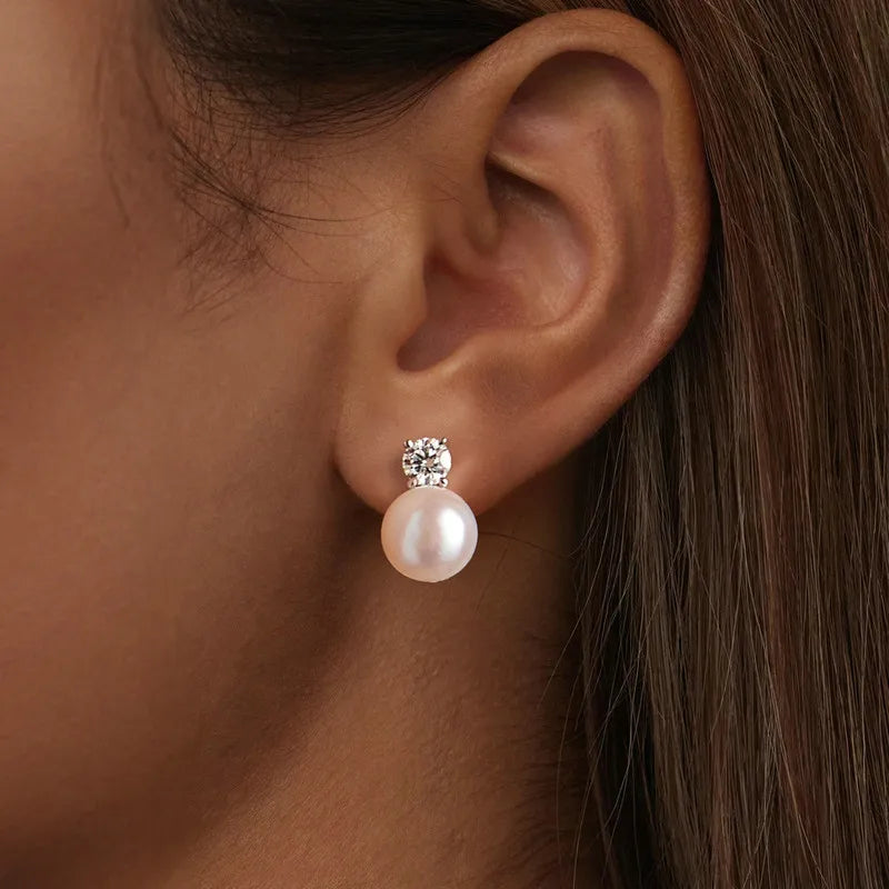 Boucles d'Oreilles Puces Perle Naturelle et Moissanite 0,5ct en Argent 925 avec Certificats