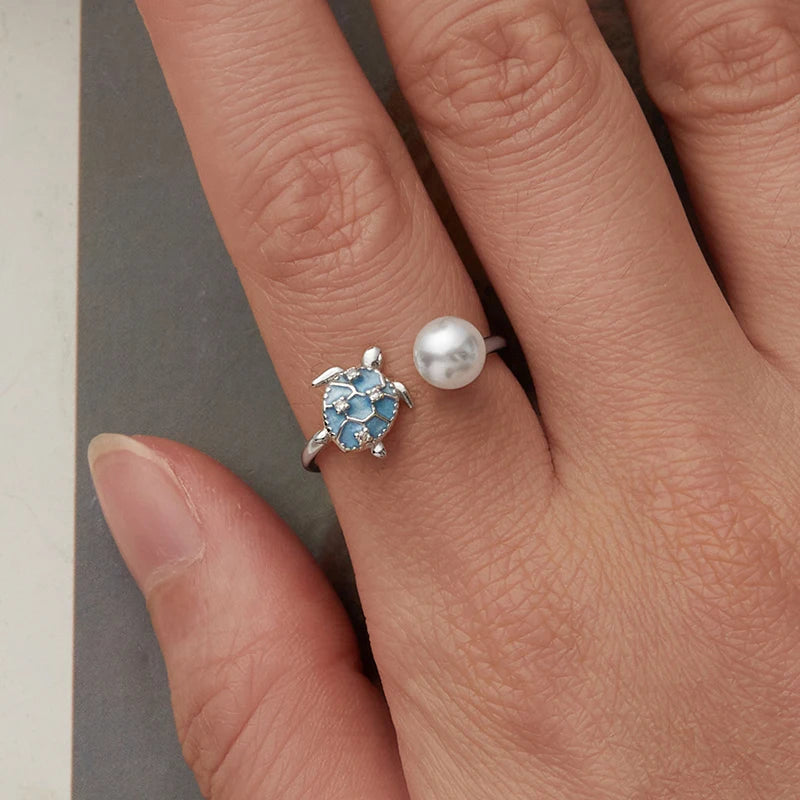Bague Ajustable Tortue de Mer et Perle Coquillage en Argent 925