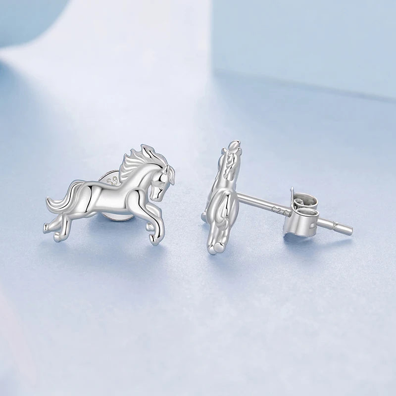 Boucles d'Oreilles Puces Cheval au Galop en Argent 925