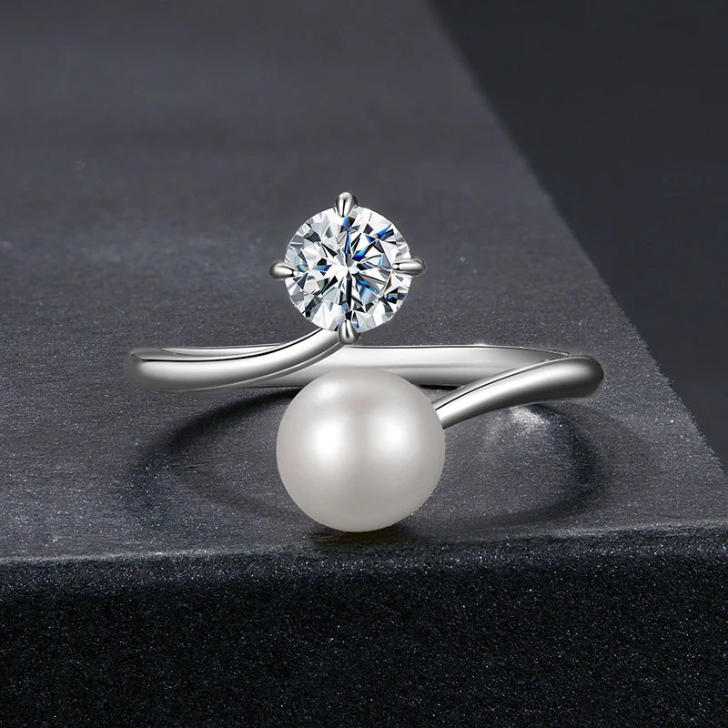 Bague Ajustable Perle et Moissanite en Argent 925 avec Certificat