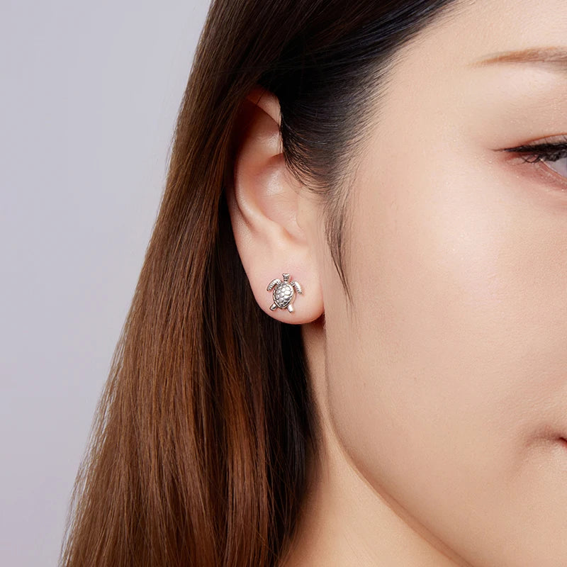 Boucles d'Oreilles Puces Tortue de Mer en Argent 925