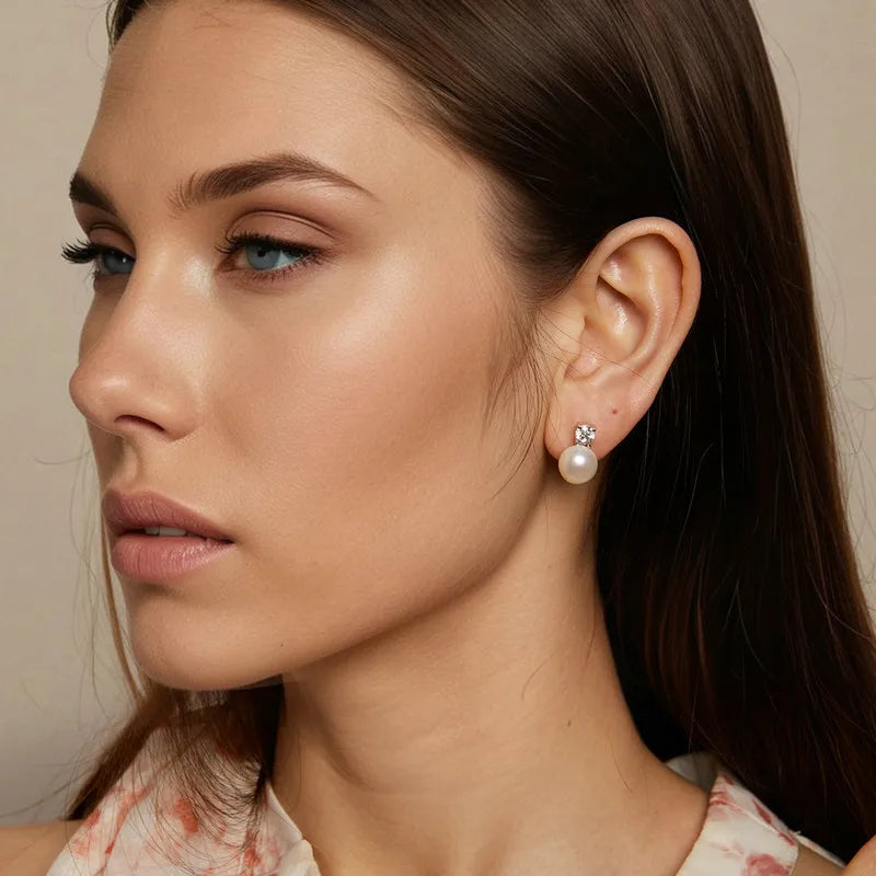 Boucles d'Oreilles Puces Perle Naturelle et Moissanite 0,5ct en Argent 925 avec Certificats
