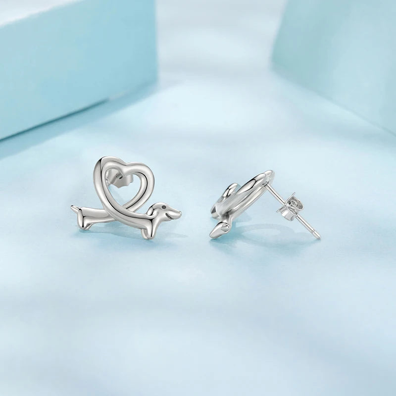Boucles d'Oreilles Puces Chien Teckel en Argent 925