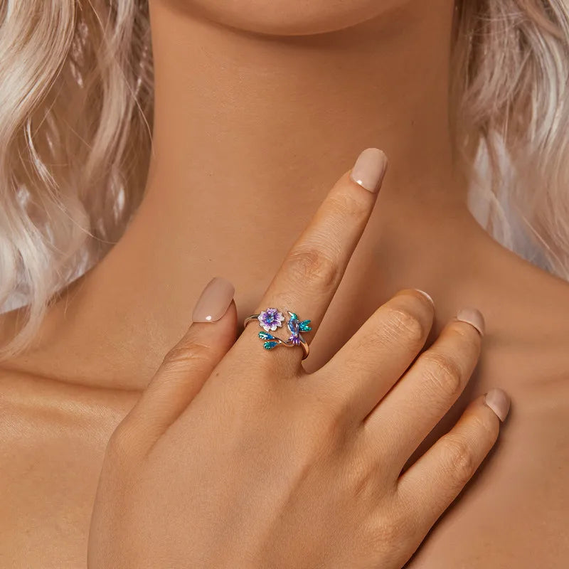 Bague Ajustable Oiseau et Fleur en Argent 925