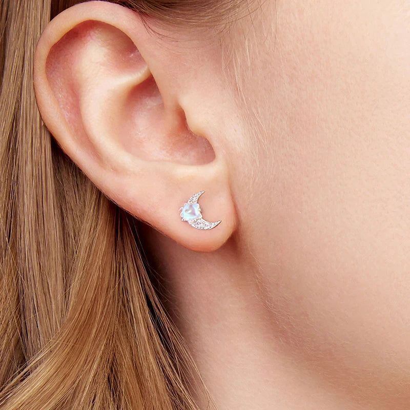 Boucles d'Oreilles Puces Étoile et Lune Irisées en Argent 925