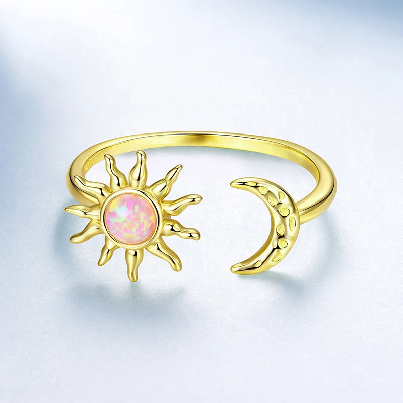 Bague Ajustable Soleil et Lune Opale en Argent 925