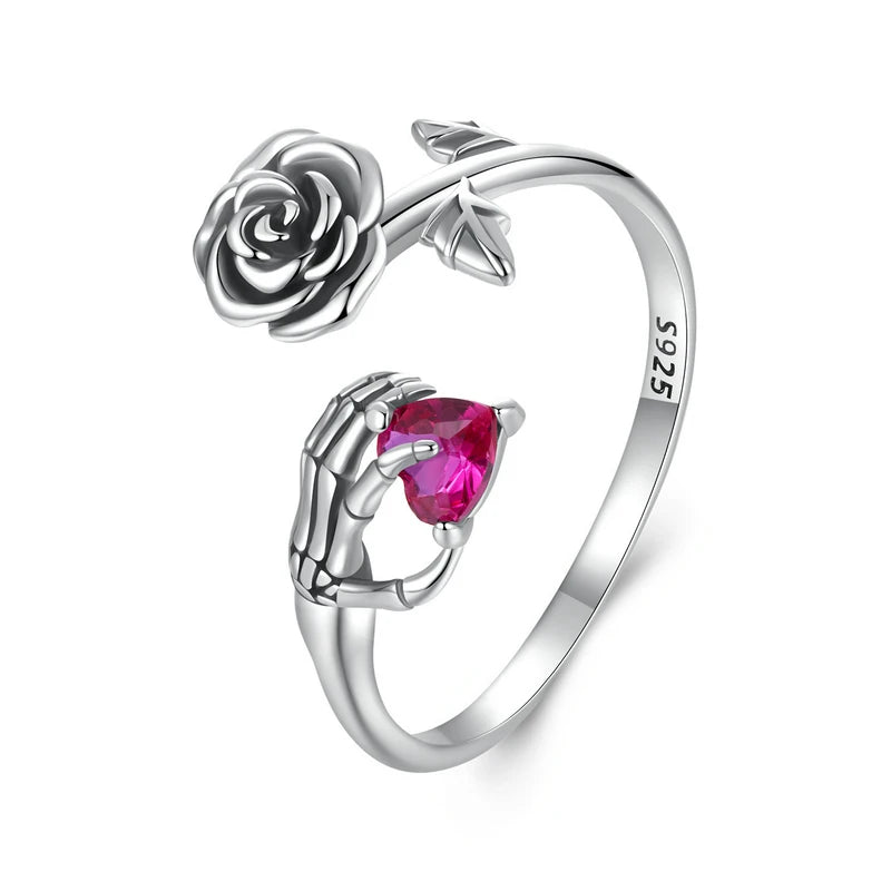 Bague Main Squelette et Rose en Argent 925